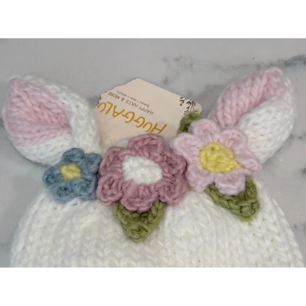 Huggalugs Flower Bunny Beanie White Multi Knit Hat Newborn XS 1186XS